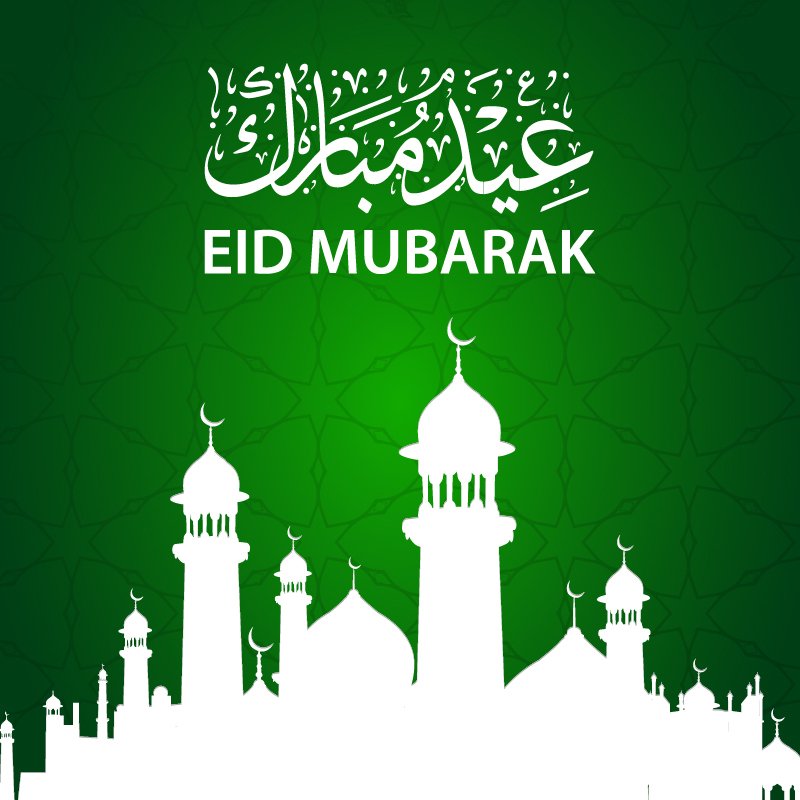 Eid Mubarak Card Design with Beautiful Mosque & Green Background