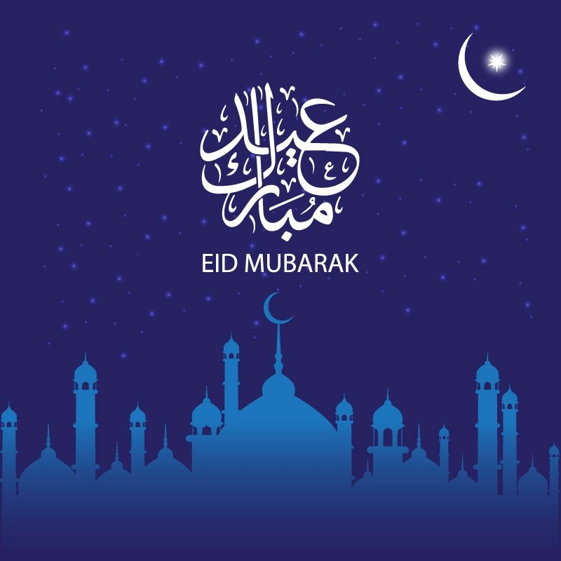 Eid Mubarak Card Design with Mosque and Moon on Blue Background