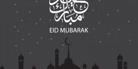 Free Vector Eid Mubarak Card Design with Mosque and Moon